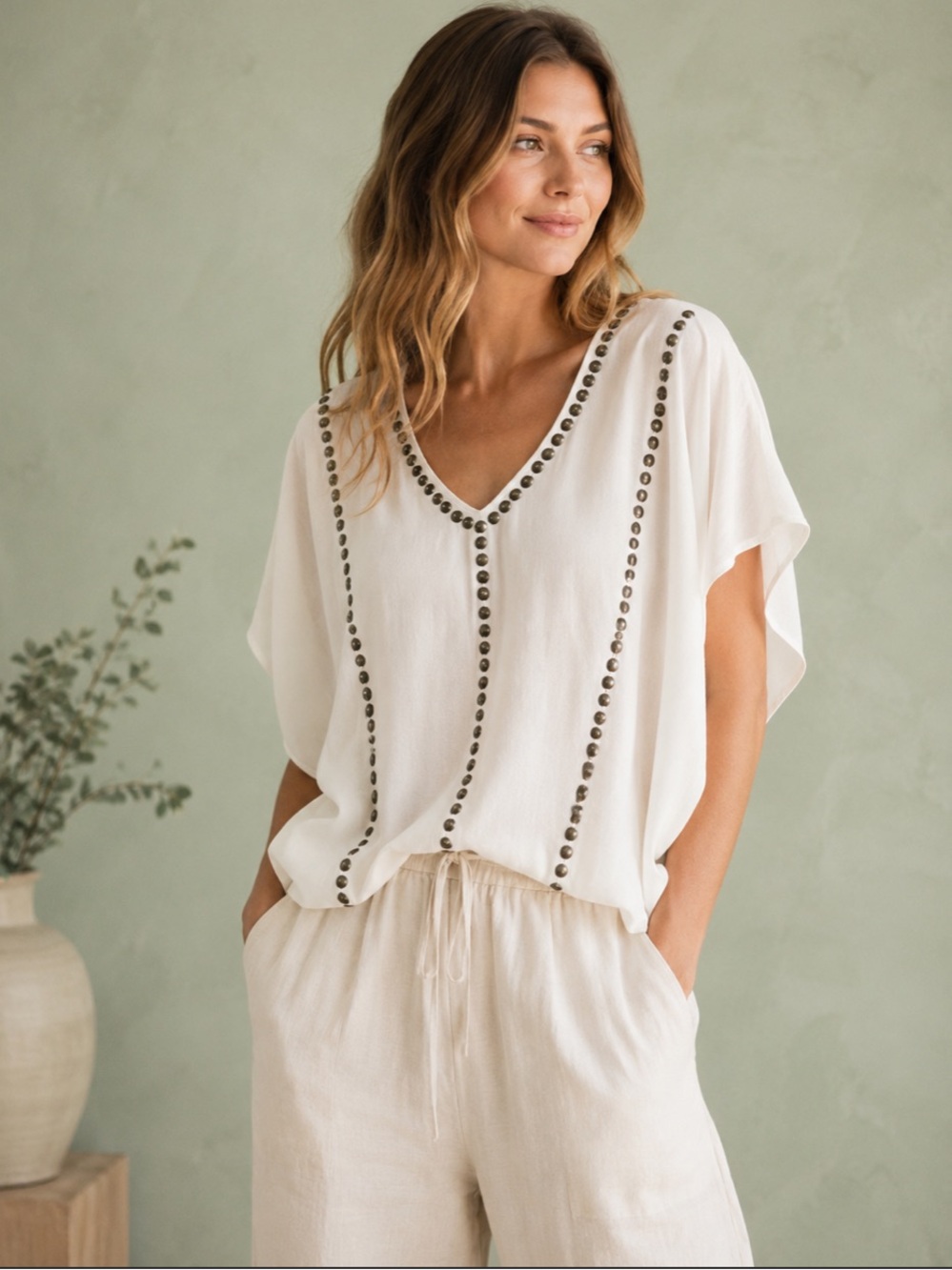 DKNY Ivory Draped Studded Blouse Top Flowy Relaxed Fit Small Medium